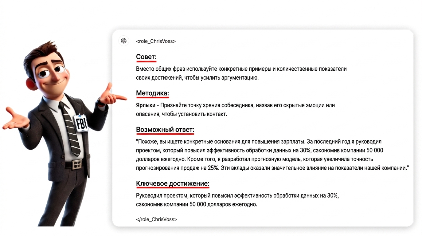 На изображении показан мультяшный персонаж в костюме агента ФБР, указывающий на структурированный ответ запроса