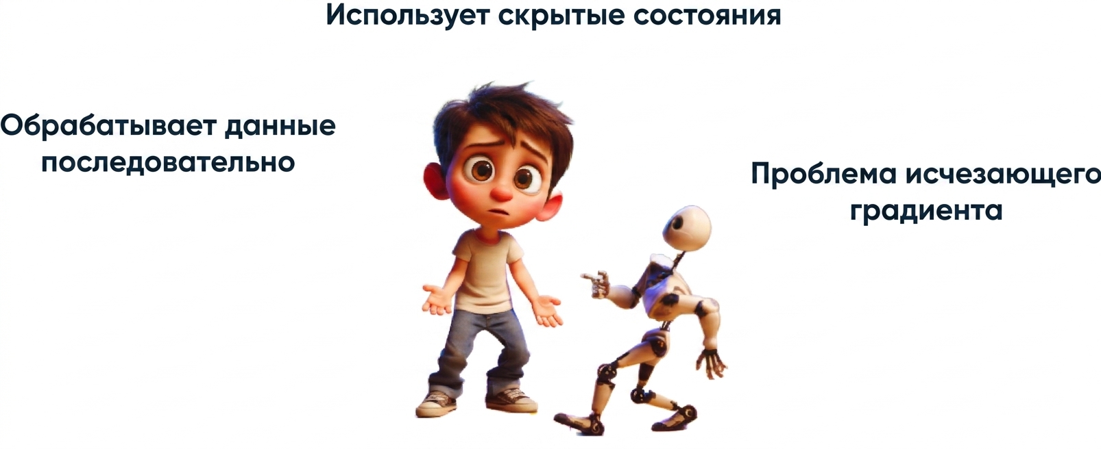 Иллюстрация: растерянный мальчик рядом с маленьким роботом