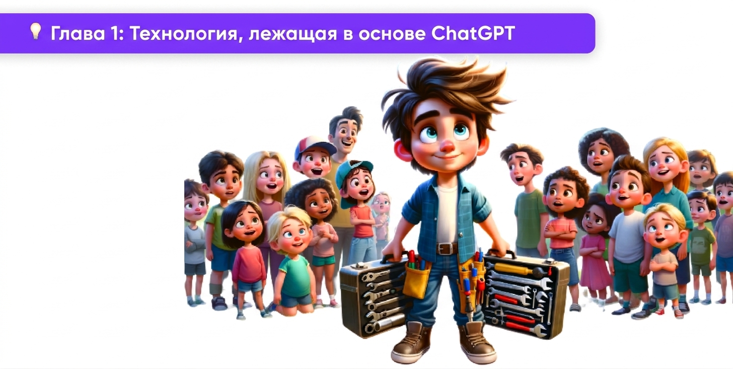 Иллюстрация: человек с инструментами в руках в окружении восхищённой толпы