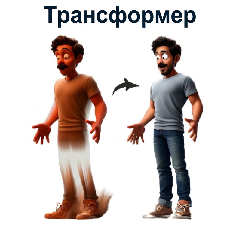 На иллюстрации изображён мужчина, меняющий форму, над ним слово «Transformer»