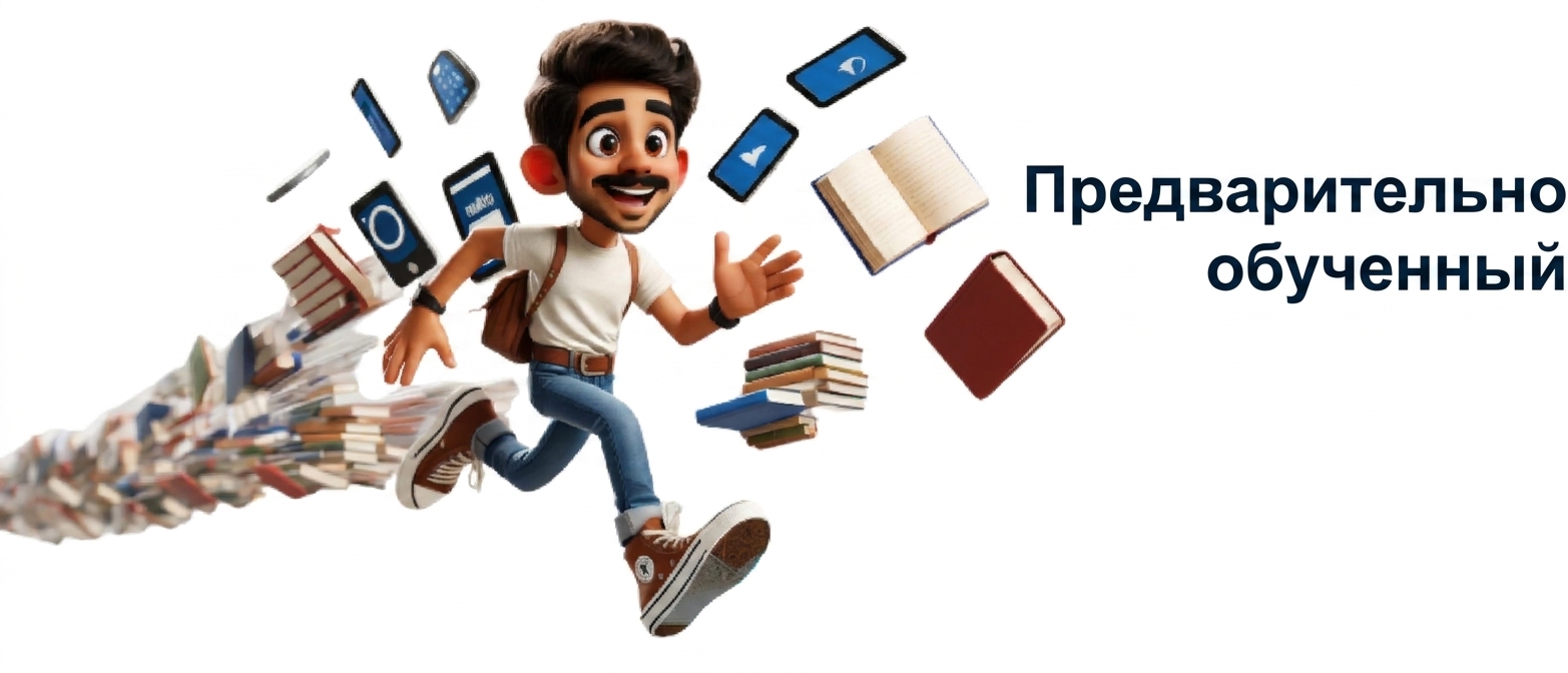 На иллюстрации изображён бегущий мужчина, за которым тянутся книги и электронные устройства; справа надпись «Pre-trained»