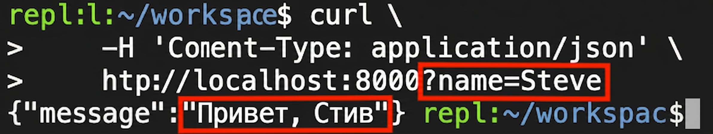 Терминал с запросом curl с указанием имени. В ответе: «Hello Steve.»