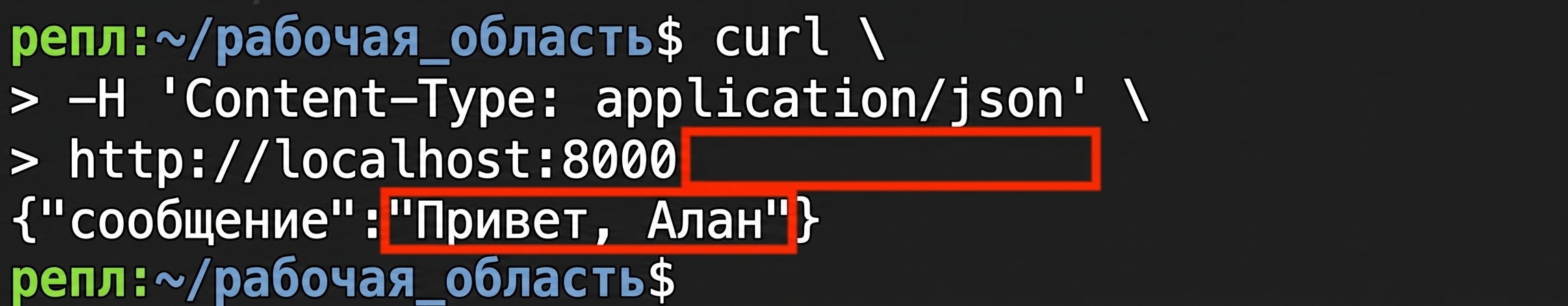 Терминал с запросом curl без указания имени. В ответе: «Hello Alan.»
