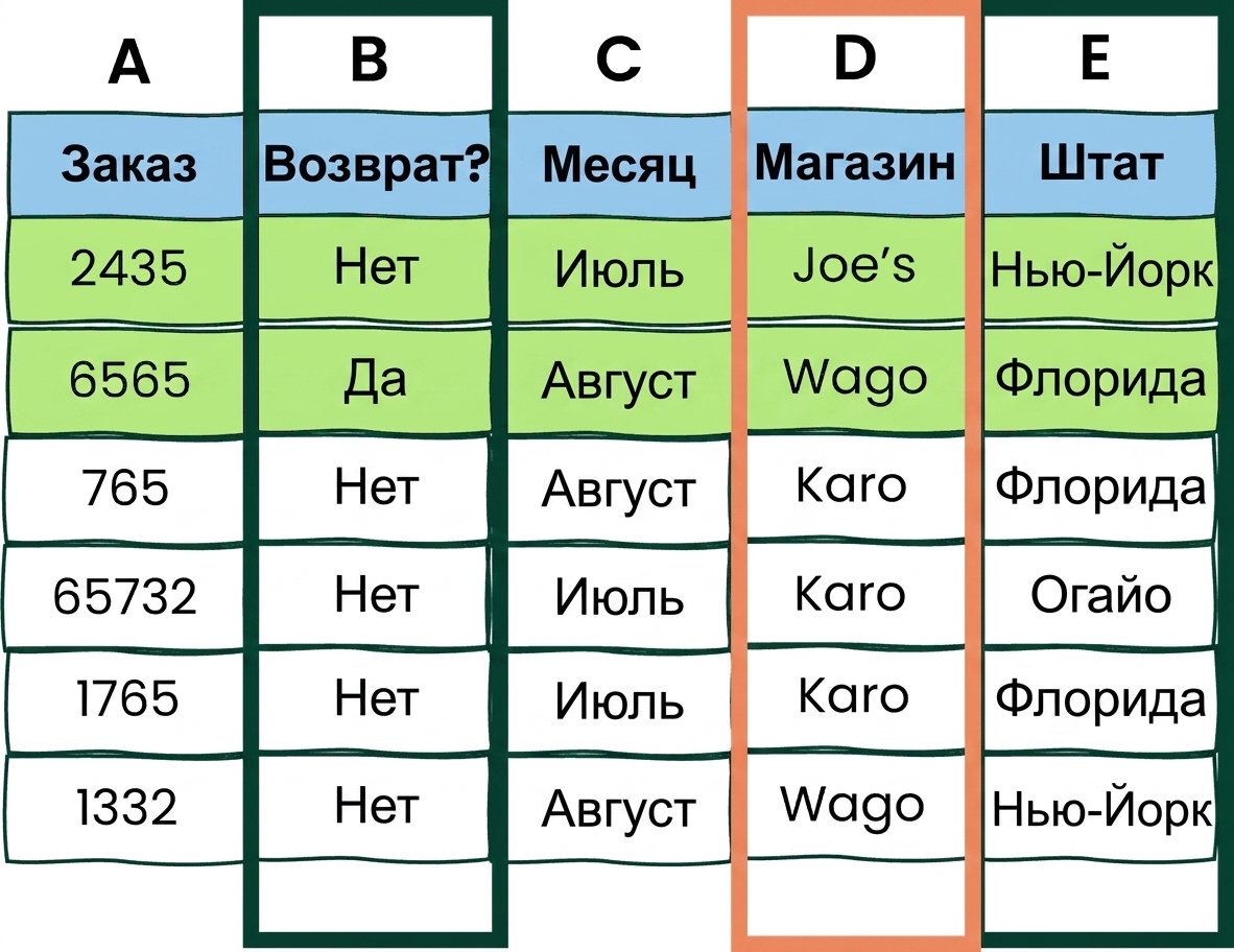 Пример таблицы Excel с двумя условиями AND и одним OR