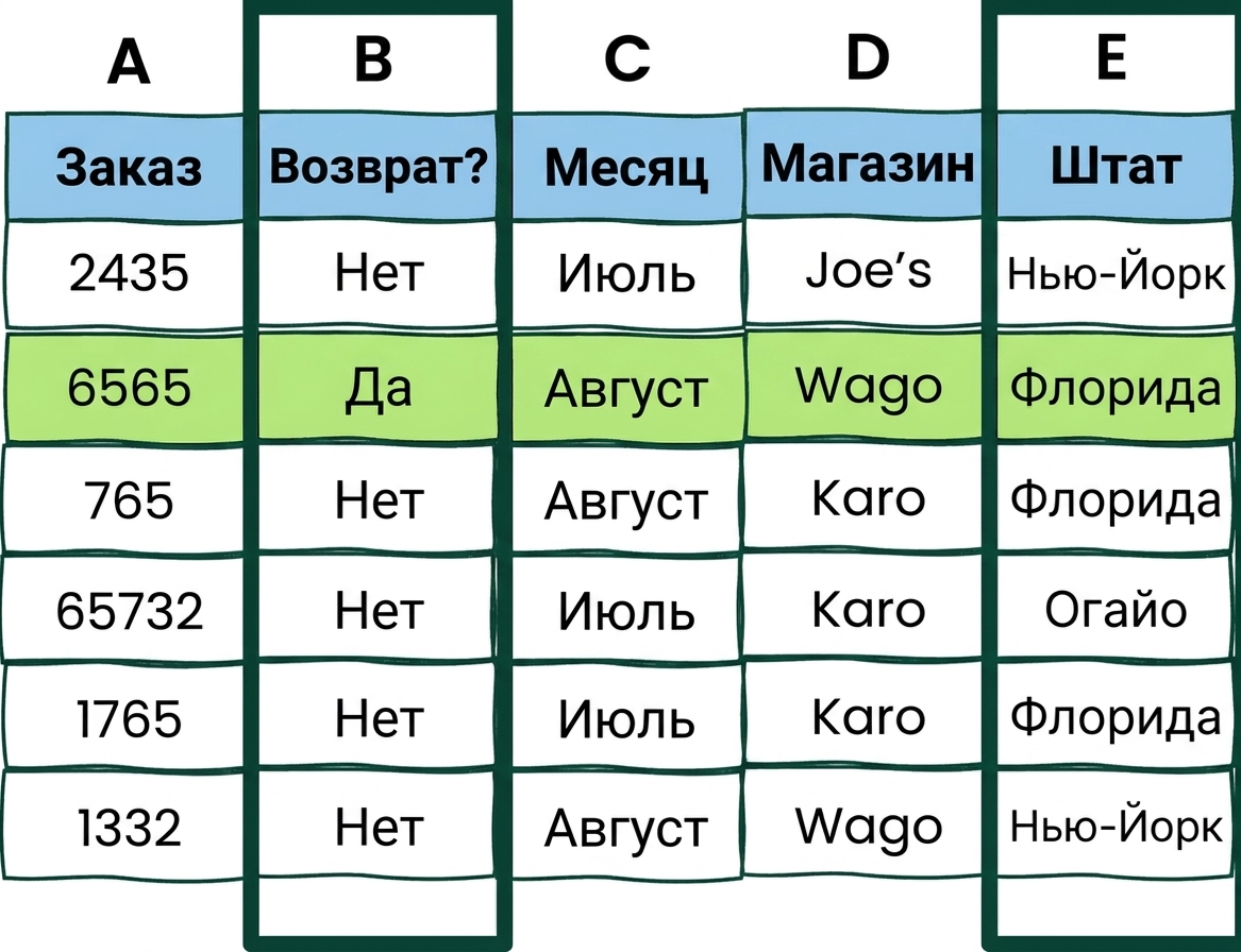 Пример таблицы Excel с двумя условиями AND