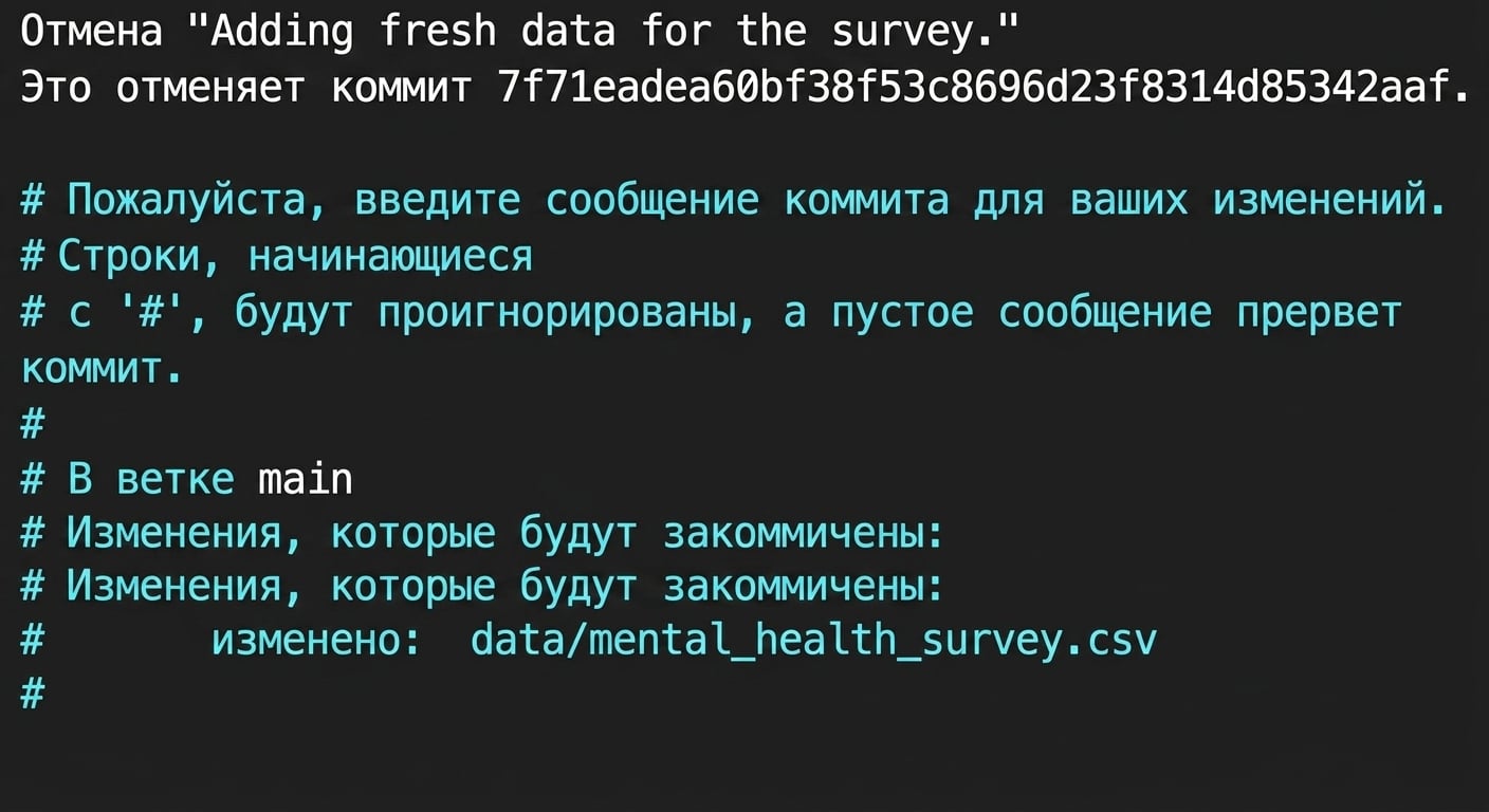Текстовый редактор показывает, что коммит