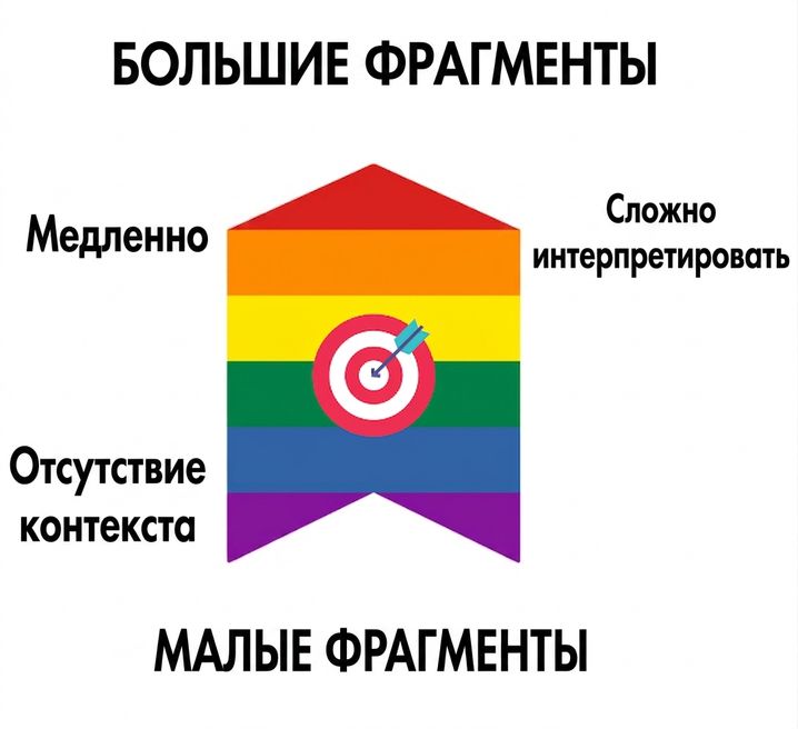 Стрелка показывает, что оптимальный размер фрагмента — посередине: большие фрагменты замедляют поиск и усложняют интерпретацию, а маленькие содержат недостаточно контекста.