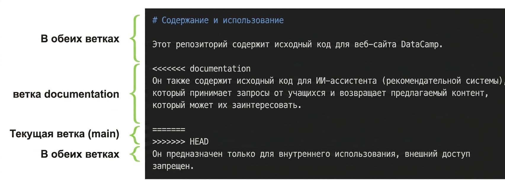 Аннотированный файл конфликта: содержимое ветки main и ветки documentation