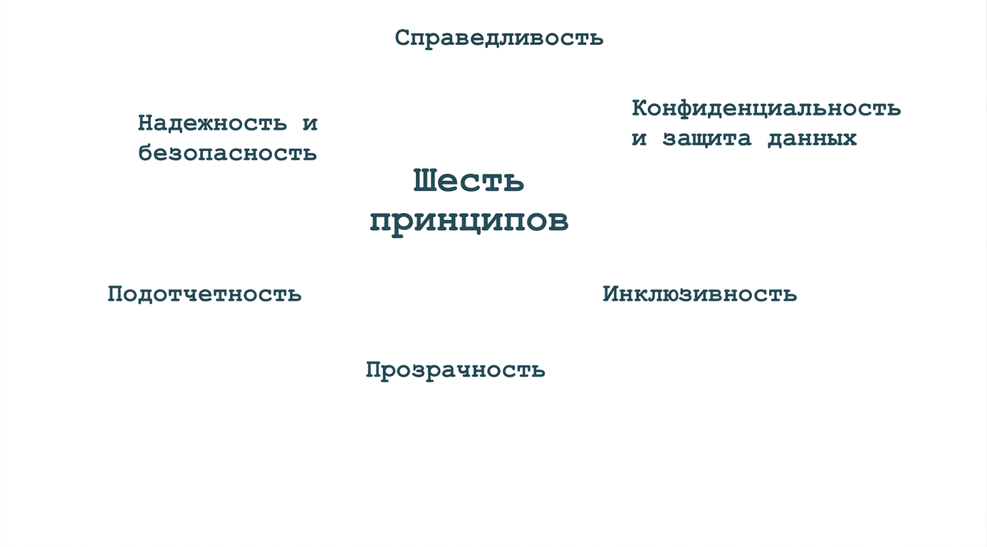 Текст «шесть принципов» в окружении названий этих принципов: справедливость, конфиденциальность и безопасность, надёжность и защищённость, ответственность, инклюзивность и прозрачность.