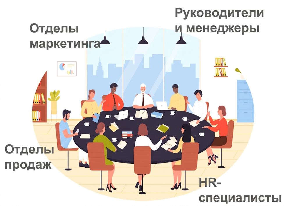 Иллюстрация группы специалистов — из отделов маркетинга, продаж, HR и руководства — сидящих за большим столом для совещаний.