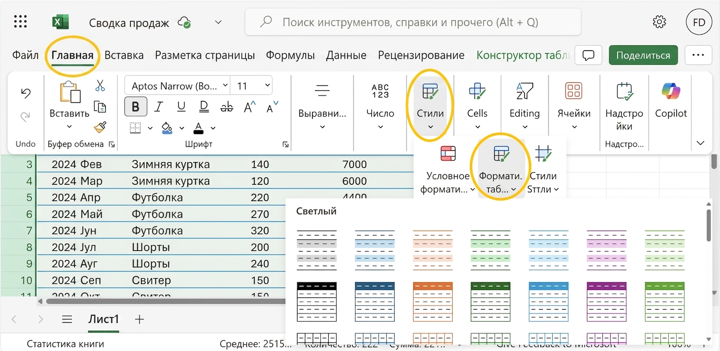 Открытый документ Excel с примером форматирования данных в виде таблицы.