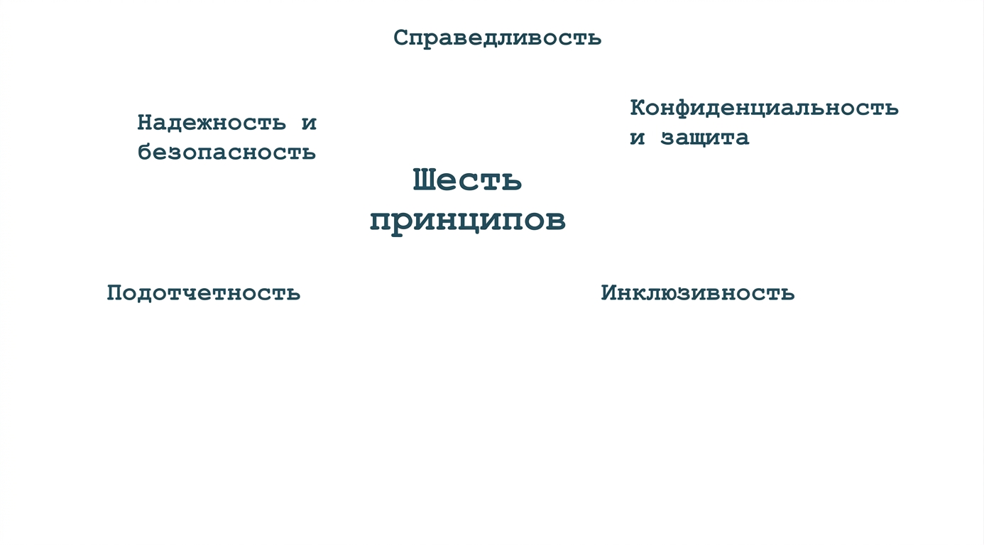 Текст «шесть принципов» в окружении названий этих принципов: справедливость, конфиденциальность и безопасность, надёжность и защищённость, ответственность, инклюзивность