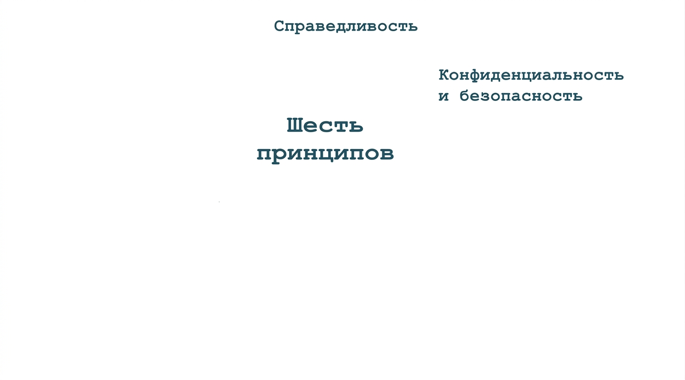 Текст «шесть принципов» в окружении названий этих принципов: справедливость, конфиденциальность и безопасность