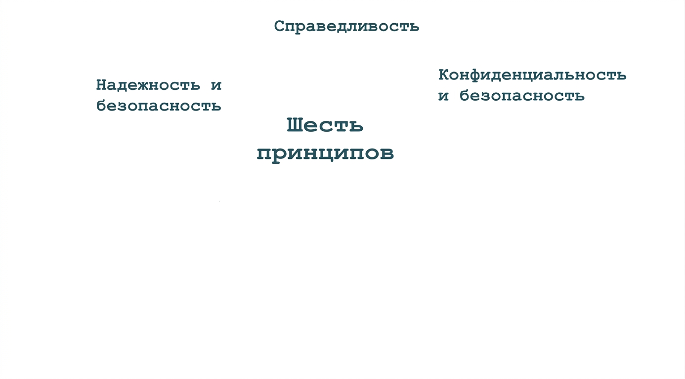 Текст «шесть принципов» в окружении названий этих принципов: справедливость, конфиденциальность и безопасность, надёжность и защищённость