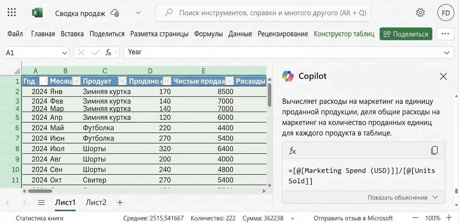 Открытый документ Excel с данными по товарам одежды и чатом Copilot сбоку с результатом формулы.