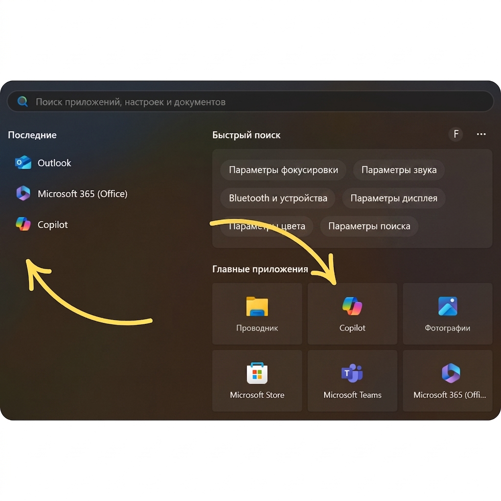 Строка поиска Windows со стрелками, указывающими на значки Copilot