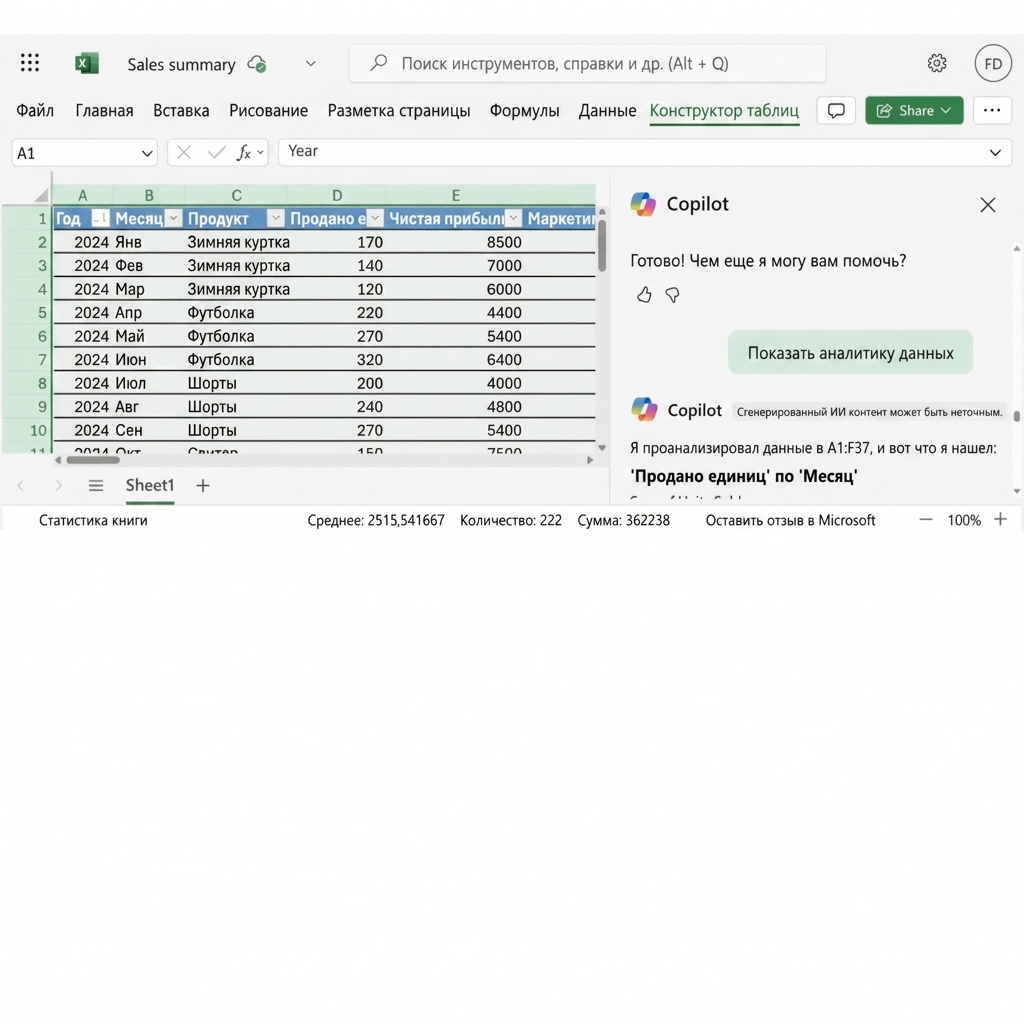 Открытый документ Excel с диаграммами, созданными с помощью Copilot.