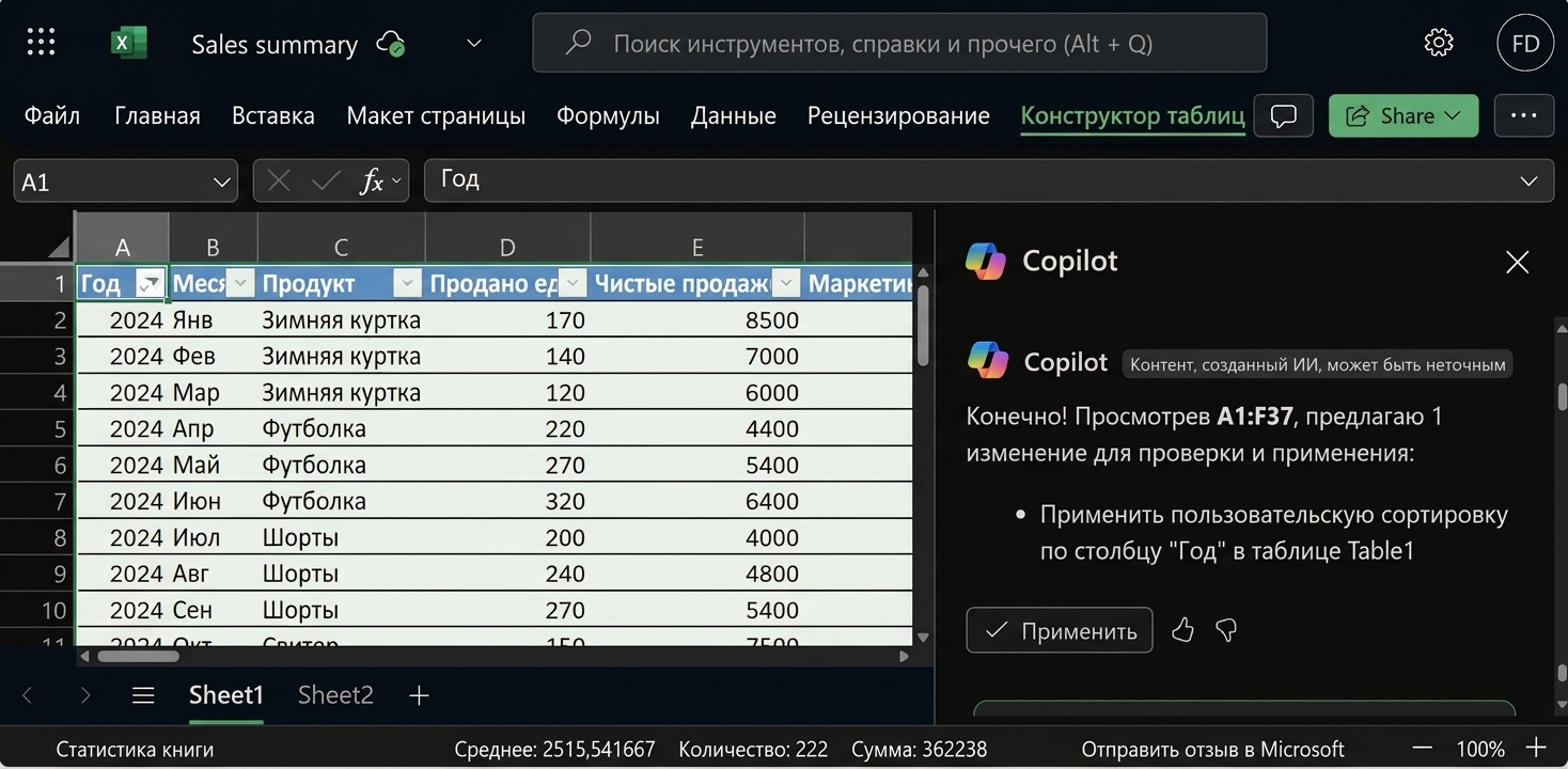 Открытый документ Excel с данными по товарам одежды и чатом Copilot сбоку, где пользователь просит отсортировать данные по столбцу Year.