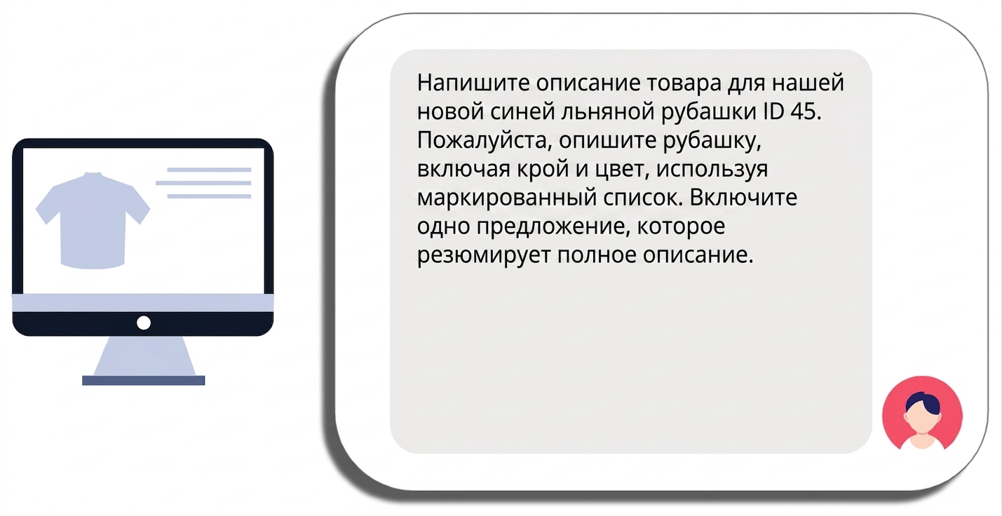 Промпт для описания товара — рубашки — с конкретным названием и требованиями