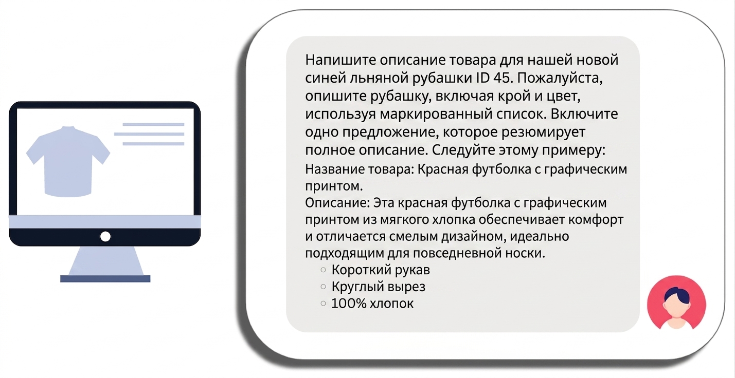 Промпт для описания товара — рубашки — с конкретным названием, требованиями и примером