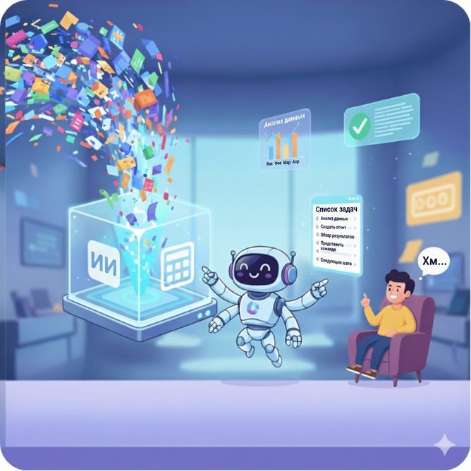 Иллюстрация робота с подписью «Copilot» рядом со светящимся кубом с надписью «AI», в который поступают цветные значки данных — символизирует способность Copilot обрабатывать данные: CSV-файлы, таблицы и списки