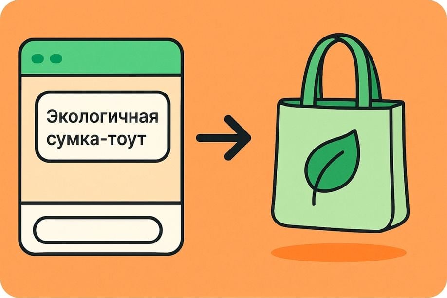 Иллюстрация, показывающая текстовое поле с надписью «Eco-friendly tote bag», превращающееся в зелёную сумку-тоут с символом листа — иллюстрация того, как генерация изображений превращает текст в визуальный контент