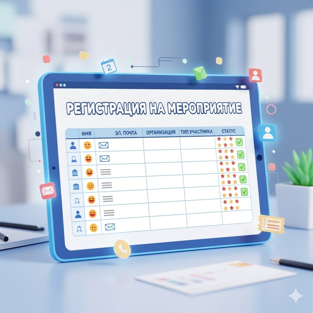 Векторное изображение экрана ноутбука с таблицей регистраций на мероприятие