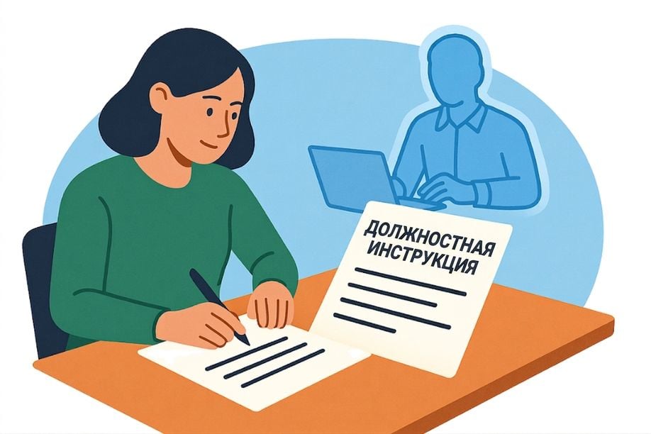 Иллюстрация женщины, пишущей в документе с надписью «Job Description», символизирующая определение целей, контекста, источников и ожиданий агента с помощью структуры GCSE
