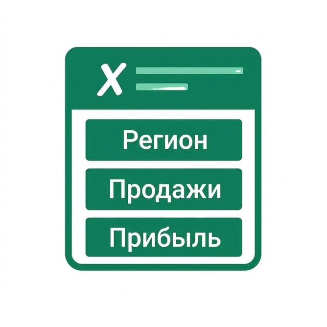 Иллюстрация зелёной таблицы Excel со столбцами «Регион», «Продажи» и «Прибыль» — символизирует чёткую организацию данных