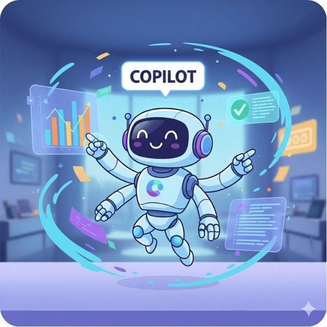 Иллюстрация улыбающегося робота с надписью «Copilot», окружённого графиками и значками, символизирующая создание собственных ИИ-помощников, понимающих бизнес-данные