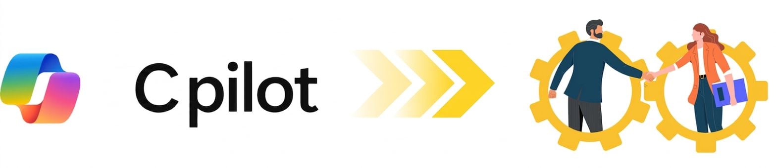 Изображение логотипа Microsoft Copilot, соединённого жёлтыми стрелками с иллюстрацией рукопожатия двух людей внутри шестерёнок