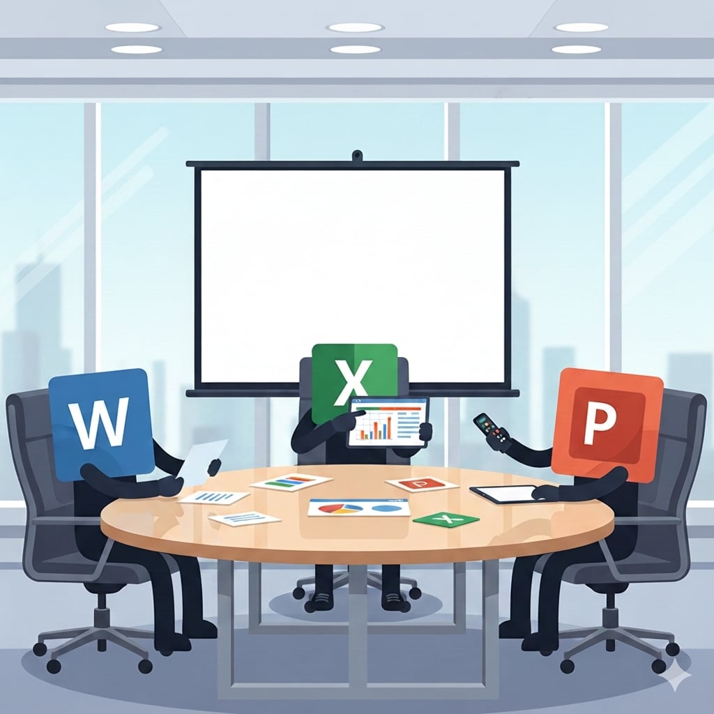 Иллюстрация персонажей Microsoft Word, Excel и PowerPoint за столом переговоров, символизирующая, как Copilot объединяет разные приложения Microsoft для работы с несколькими файлами