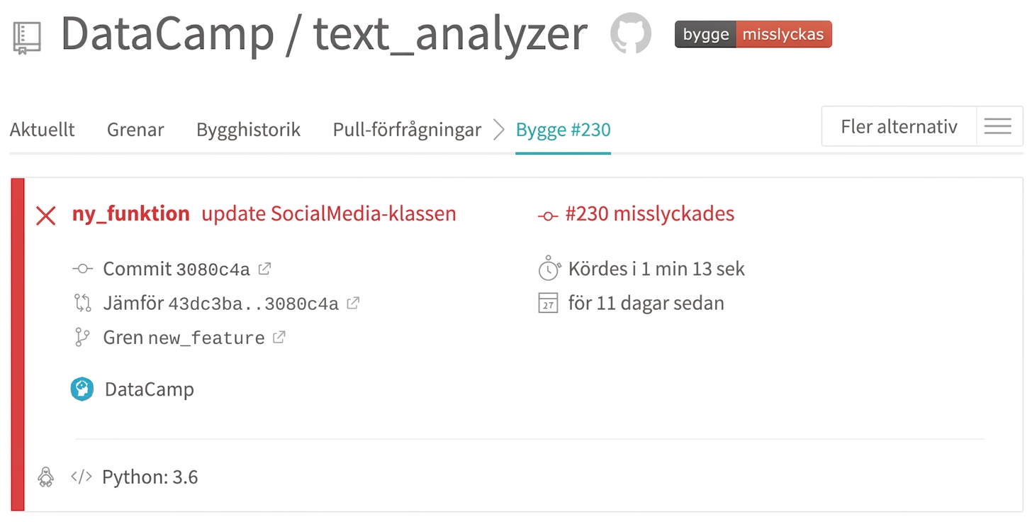 Exempel på Travis-utdata – misslyckad körning
