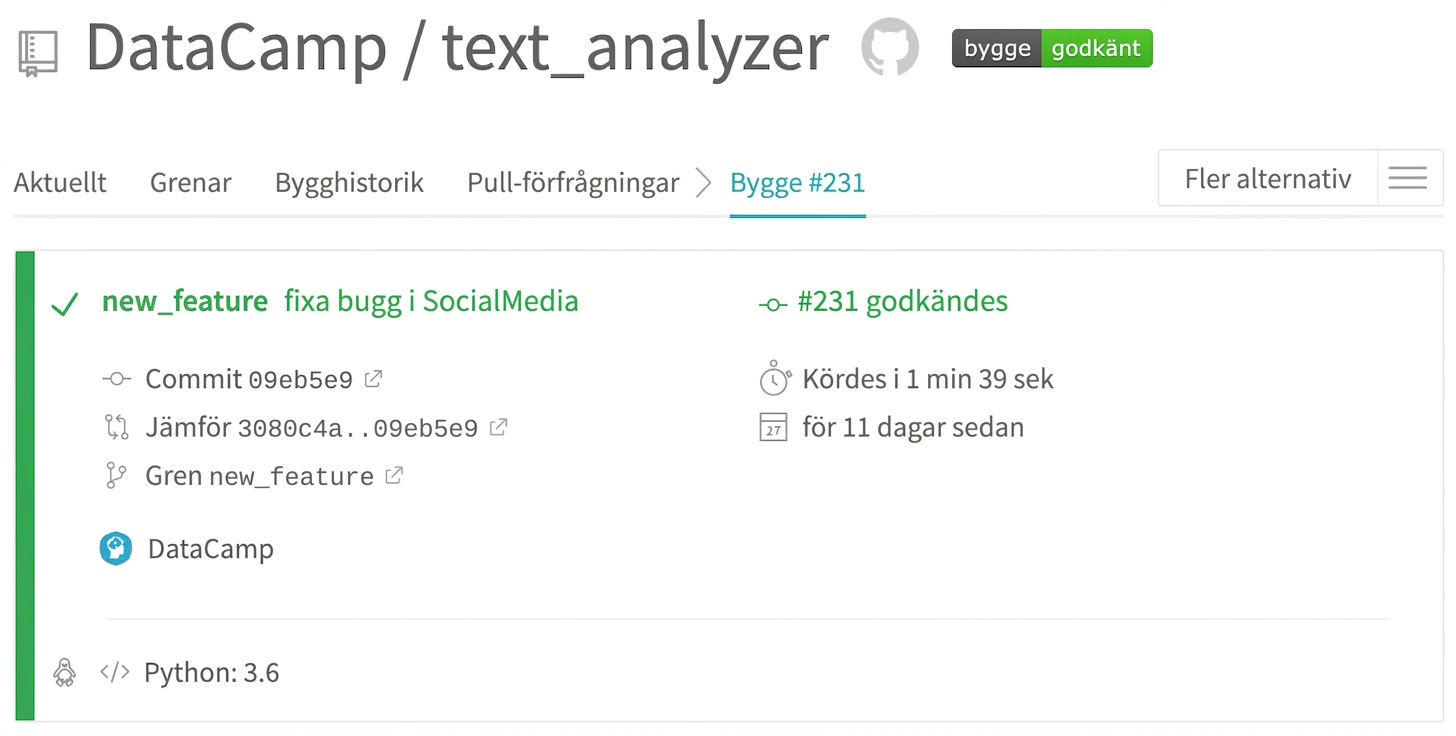 Exempel på Travis-utdata – godkänd körning