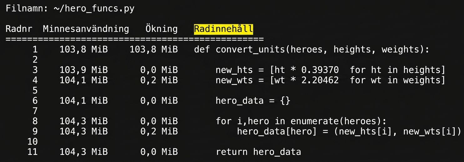 alt="Tabellutdata från magikkommandot mprun med sammanfattande statistik för minnesanvändningsprofilering, med kolumnen Line contents markerad"