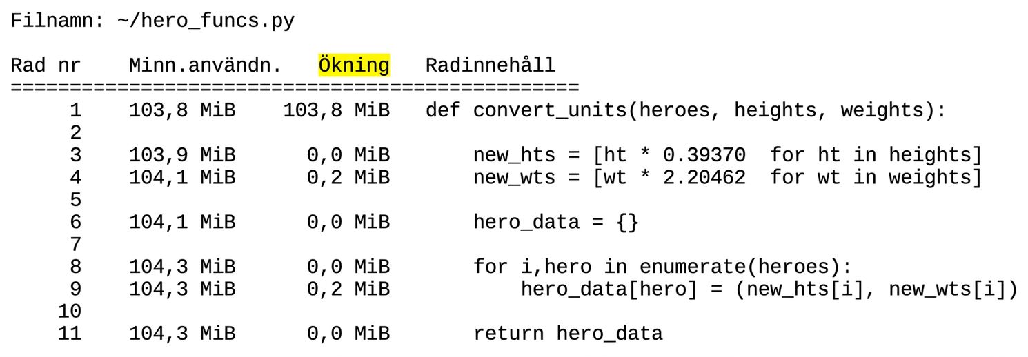 alt="Tabellutdata från magikkommandot mprun med sammanfattande statistik för minnesanvändningsprofilering, med kolumnen Increment markerad"