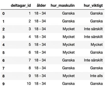 De 10 första raderna i masculinity-DataFrame:n