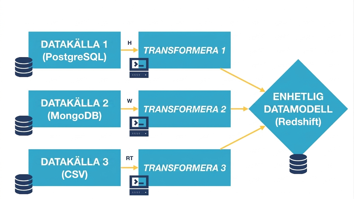 De tre datakällorna transformeras för att passa den enhetliga datamodellen