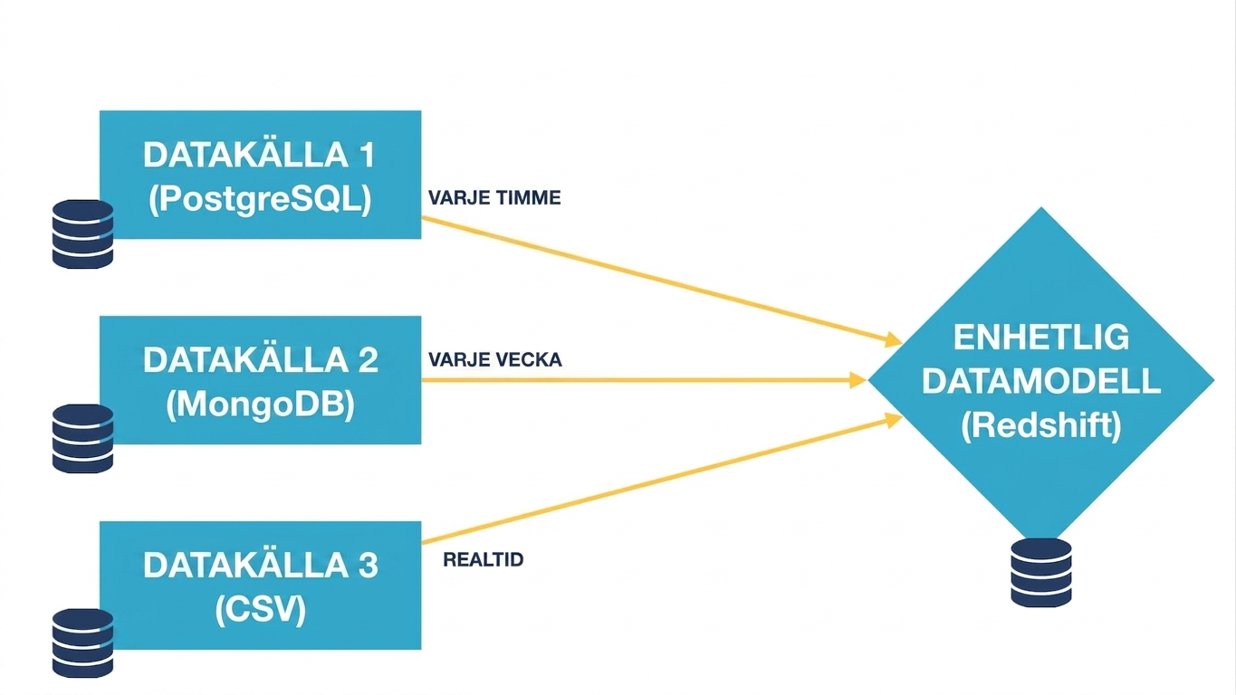De tre datakällorna kopplas till den enhetliga datamodellen
