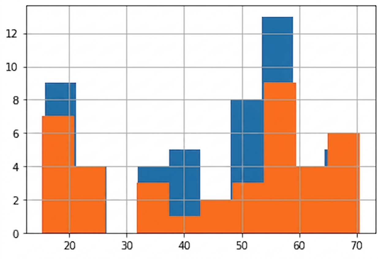 Två histogram över hundhöjder visas i samma diagram. Ett är blått och ett är orange. Det orange histogrammet täcker det blå, vilket gör det svårt att urskilja vad som händer.