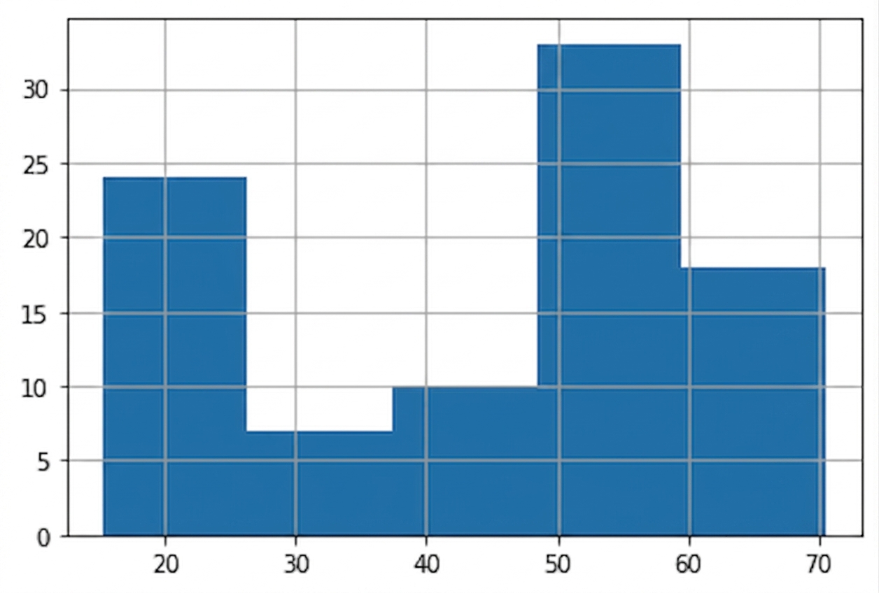 Samma histogram över hundhöjder som i föregående bild, men nu med fem breda staplar.