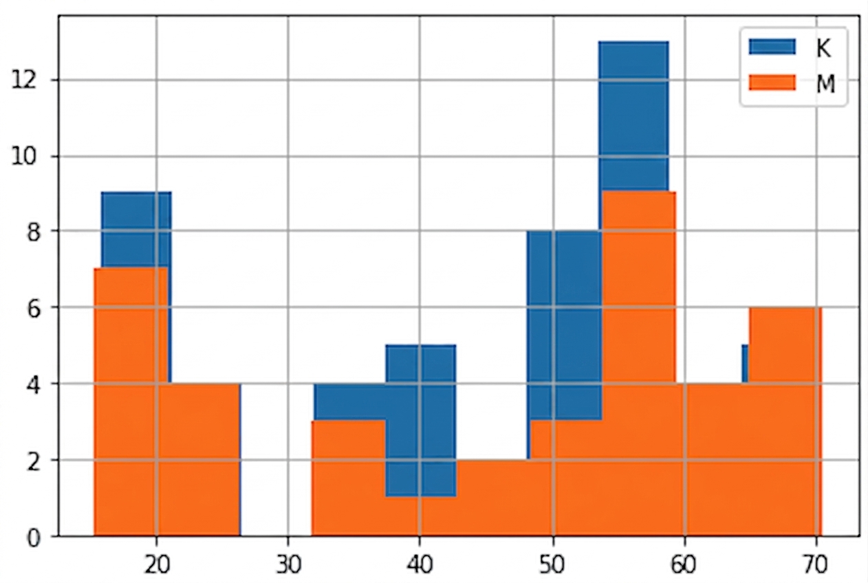 Samma diagram med två histogram som i föregående bild, men med en legend. "F" för hona markeras som blå och "M" för hane som orange. Det är fortfarande svårt att se vad som händer.