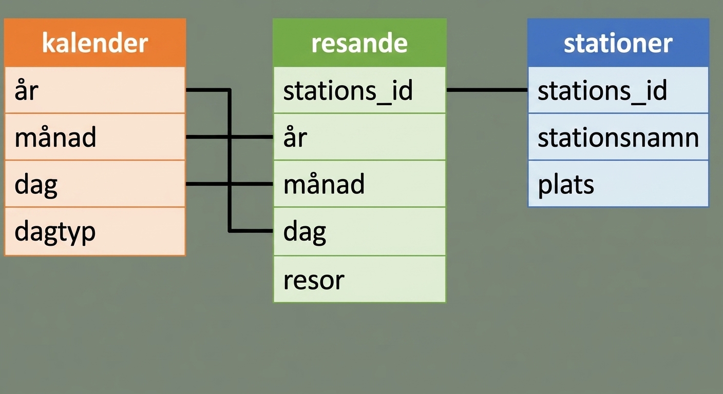Table diagram. The cal table relates to ridership via year, month, and day. The ridership table relates to the stations table via station_id.