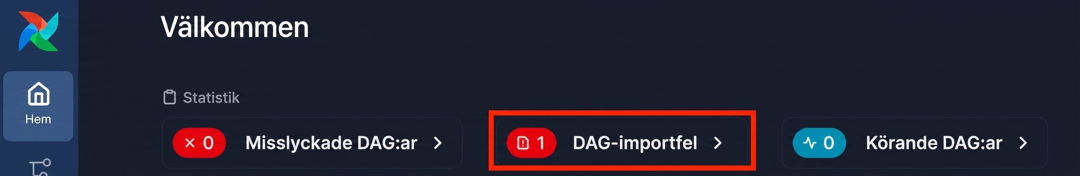 Airflows välkomstsida med en varning om DAG-importfel