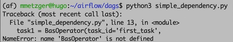 Terminal som visar ett Python-syntaxfel vid körning av en DAG-fil med python3