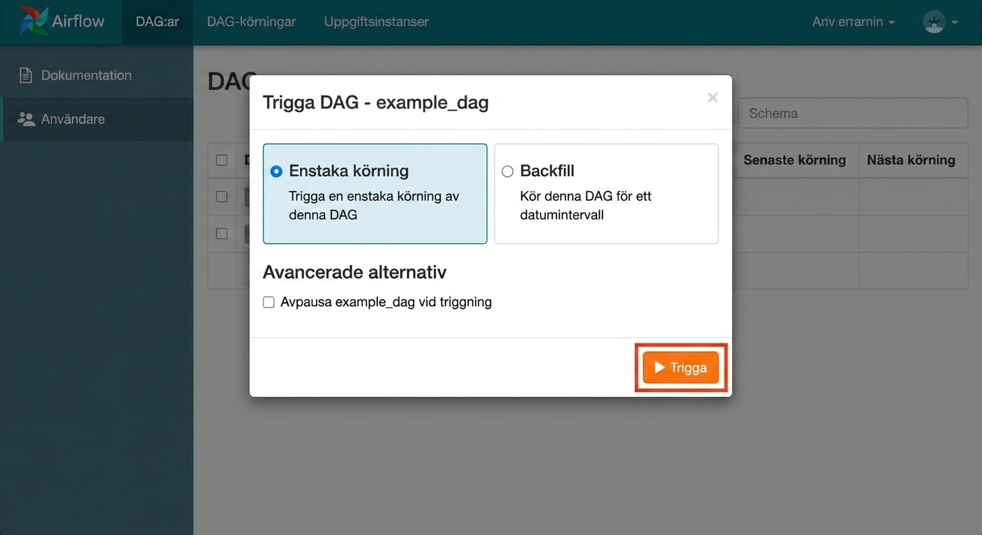 Popup för att trigga en Dag i Airflow med standardalternativ och en Trigger-knapp