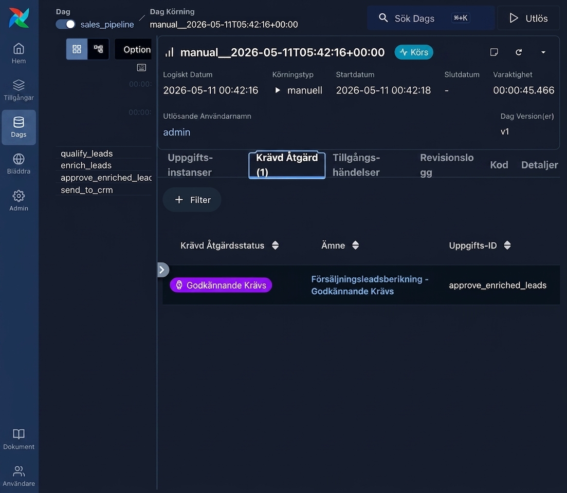 Airflow DAG-körningsvy som visar en uppgift med statusen Approval required