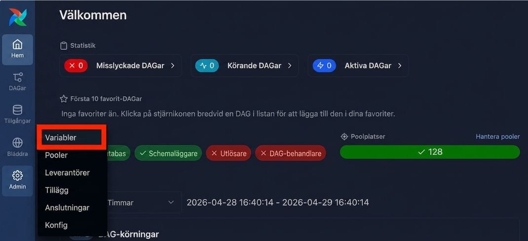 Airflow UI med Admin-menyn öppen och alternativet Variables synligt