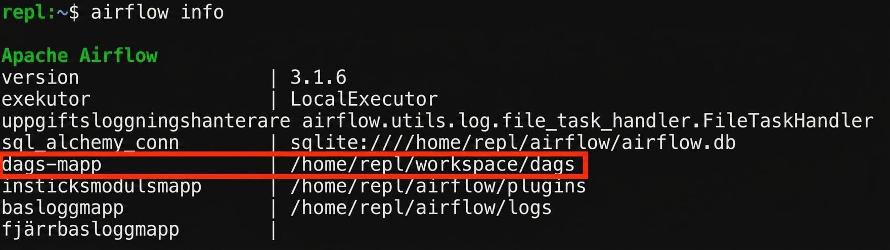 Terminalutdata från airflow info med dags_folder-sökvägen markerad