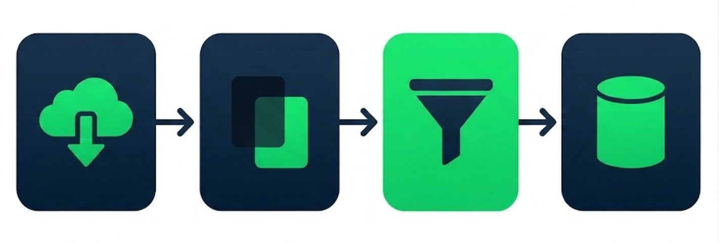 Arbetsflödesdiagram med sekventiella dataingenjörssteg, från nedladdning av filer till skrivning till en databas